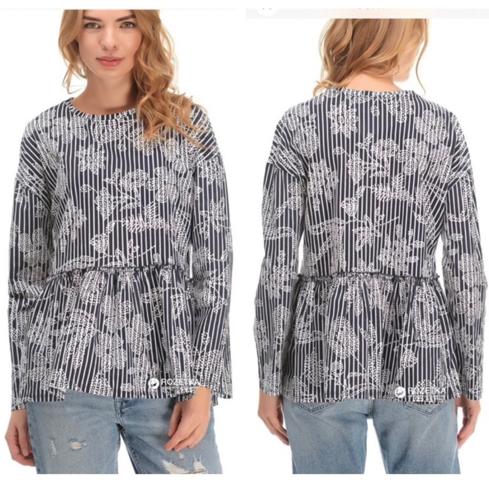 Zara NEW Cotton Striped Floral Peplum Relaxed Top Top Shirt Tunic Boho Ruffles S
